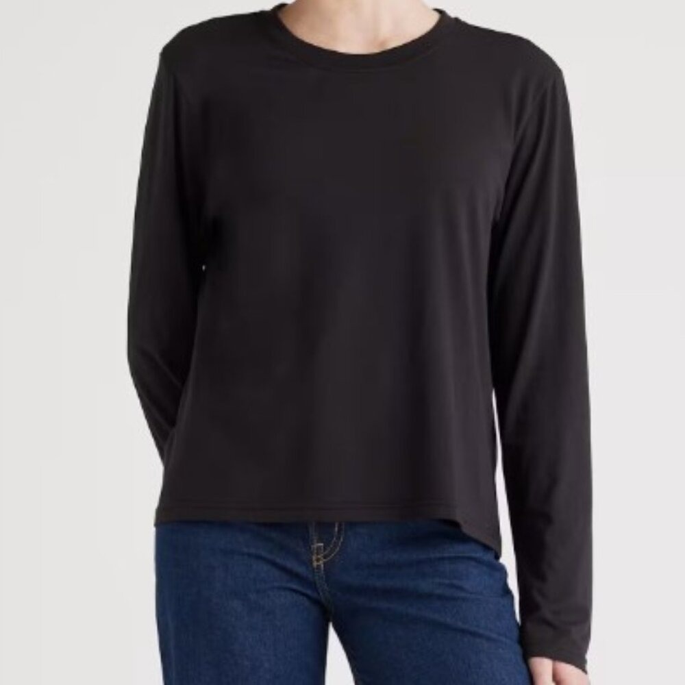 QUINCE Women Large Black Cotton Modal Relaxed Long Sleeve Tee Elevated Basic‎